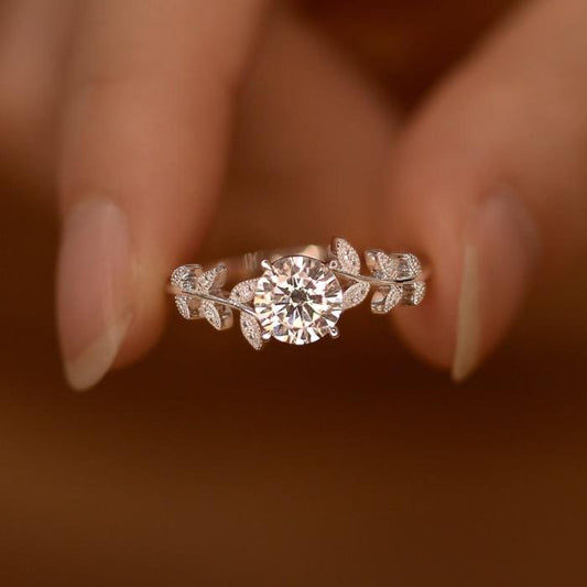 Leaf Design Round Cut Engagement Ring in Sterling Silver shineofdiamond