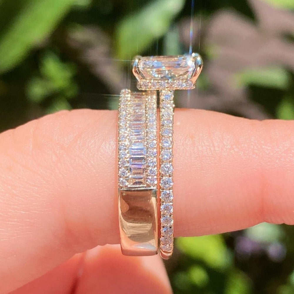 2pcs Golden Tone Radiant Cut Ring With Baguette Band Bridal Set in Sterling Silver Shineofdiamond