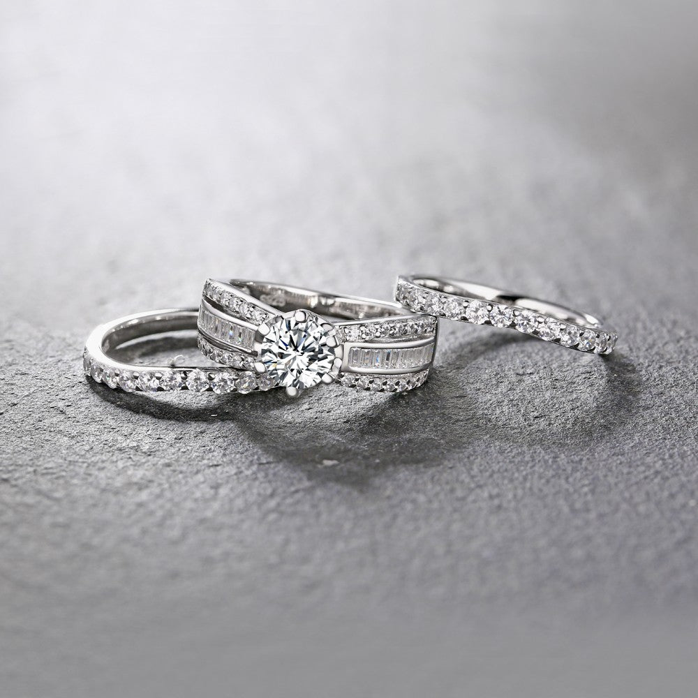 3PCS 1.6CT Round Cut Bridal Ring Set In Sterling Silver shine of diamond