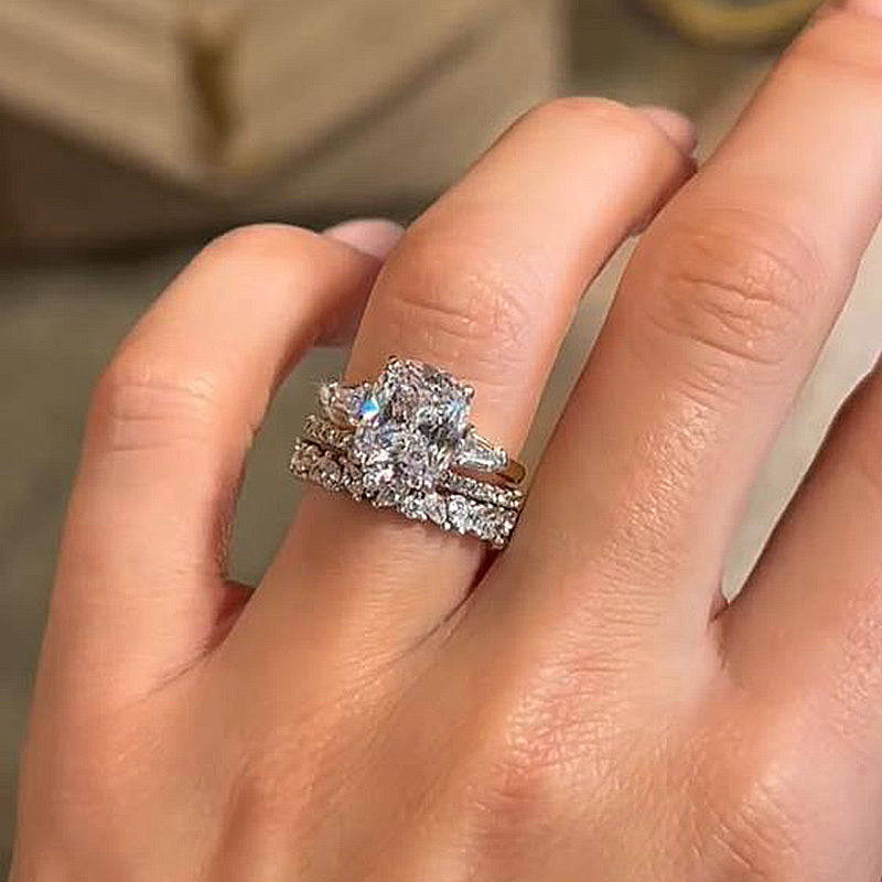 3PCS Cushion Cut Three Stone Bridal Set Rings In Sterling Silver shineofdiamond