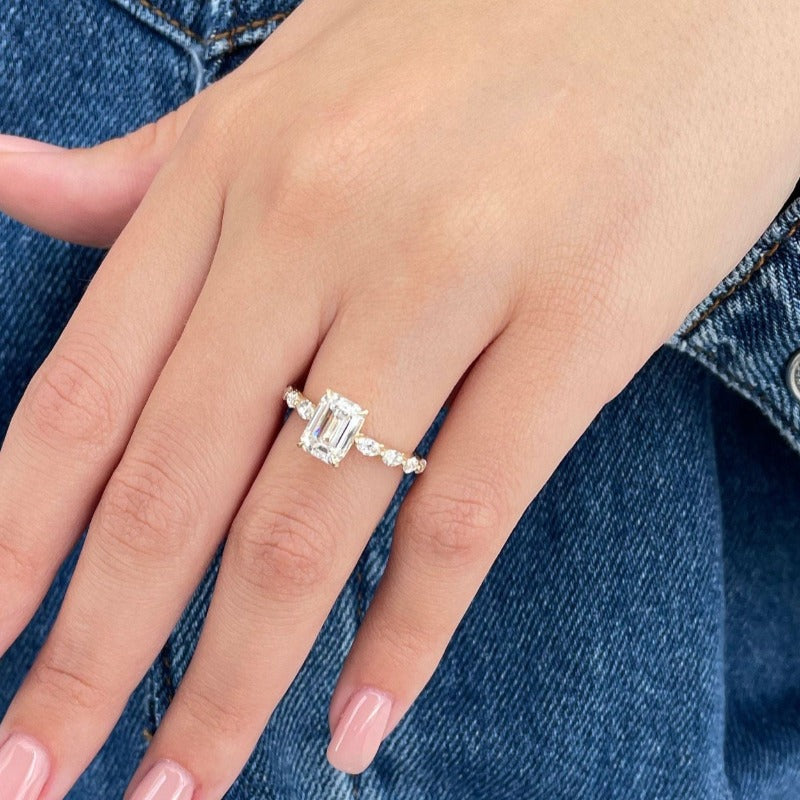 Gold Plated Vintage Emerald Cut Engagement Ring with Side Stones CASA LARO