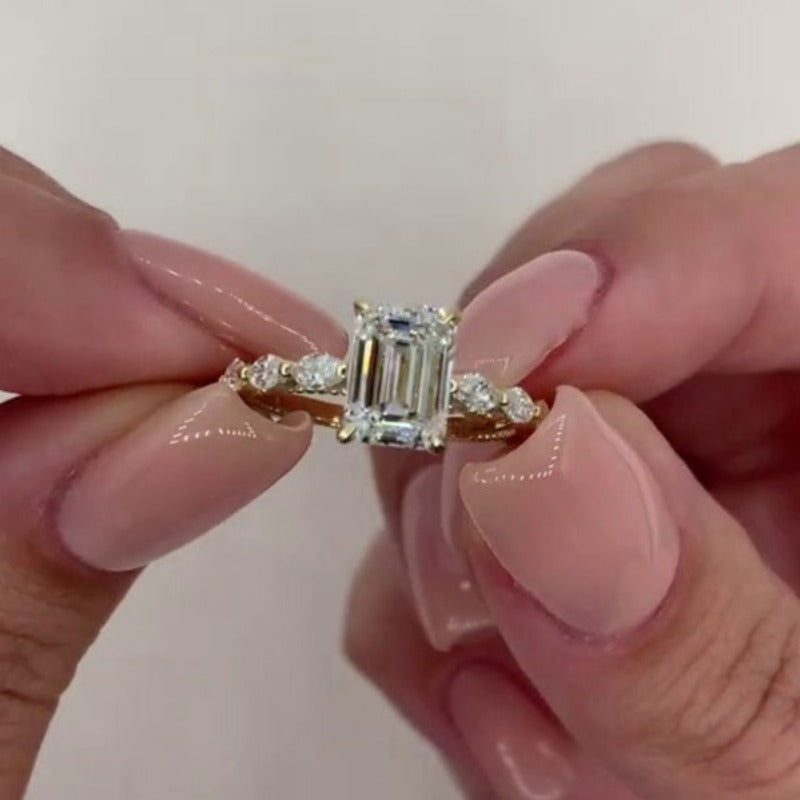 Gold Plated Vintage Emerald Cut Engagement Ring with Side Stones CASA LARO