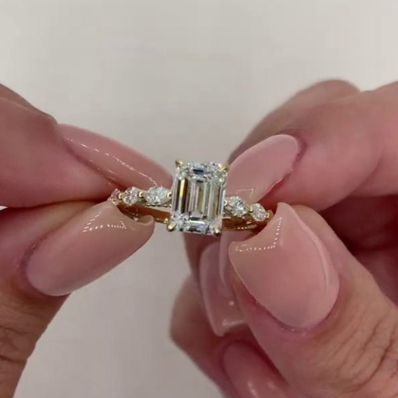 Gold Plated Vintage Emerald Cut Engagement Ring with Side Stones CASA LARO