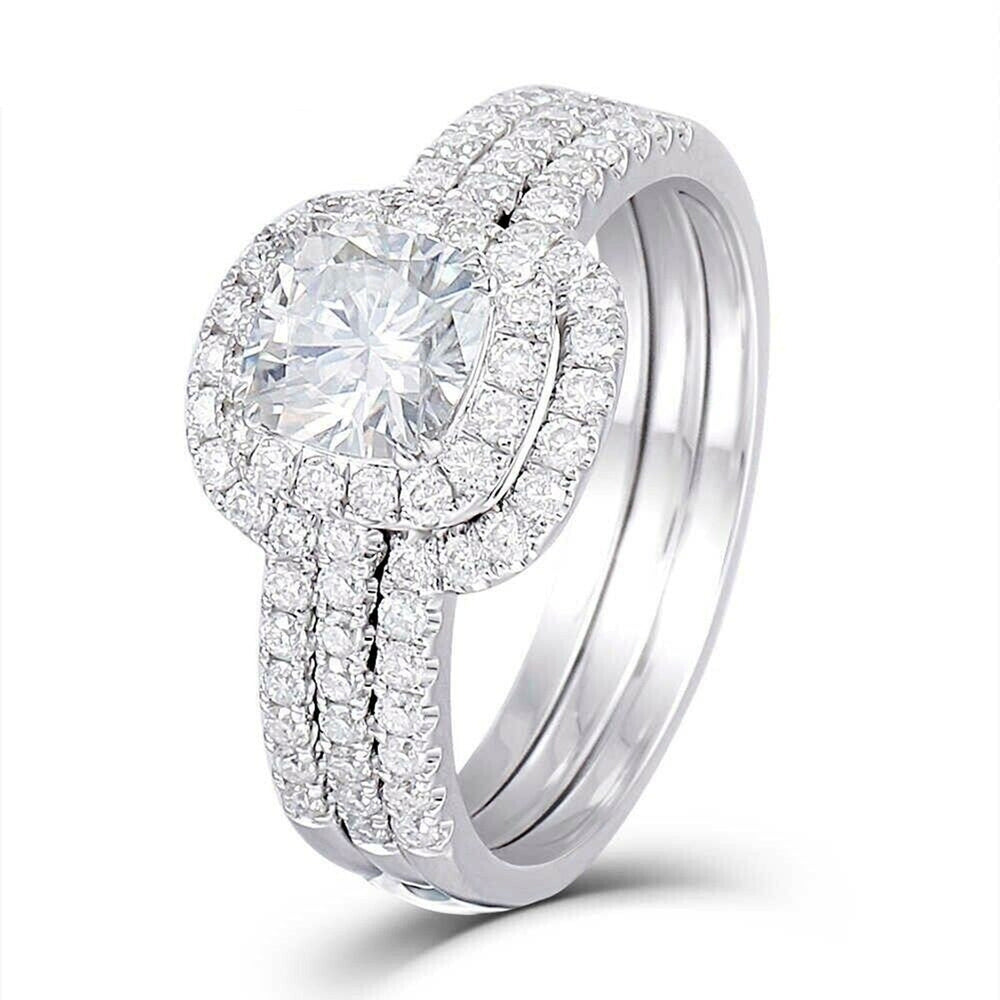 Cushion Cut Halo Enhancer Guard Bridal Ring Set in Sterling Silver Shineofdiamond