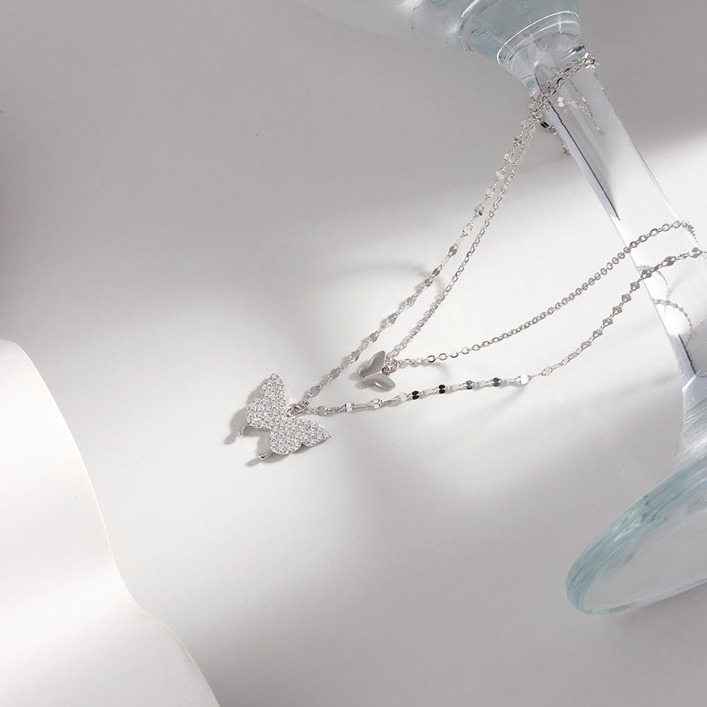 Butterfly Pendant Double Layer Necklace in Sterling Silver Shineofdiamond
