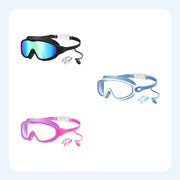 Wavlee kids swim goggles in black, blue and pink colorways with nose clips and ear plugs