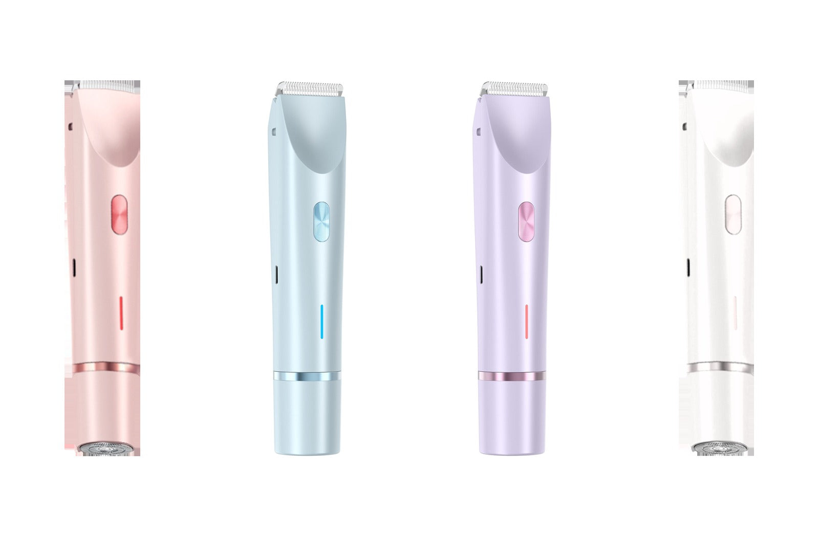 Rosava body trimmer shown in all four shades side by side: Soft Rose, Light Blue, Lavender and White